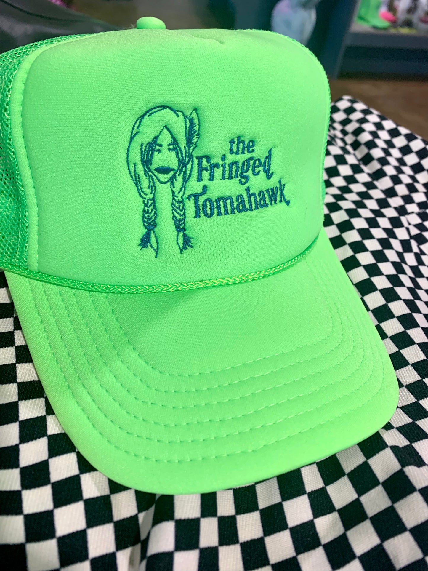 Lime and turquoise Fringed Tomahawk Trucker