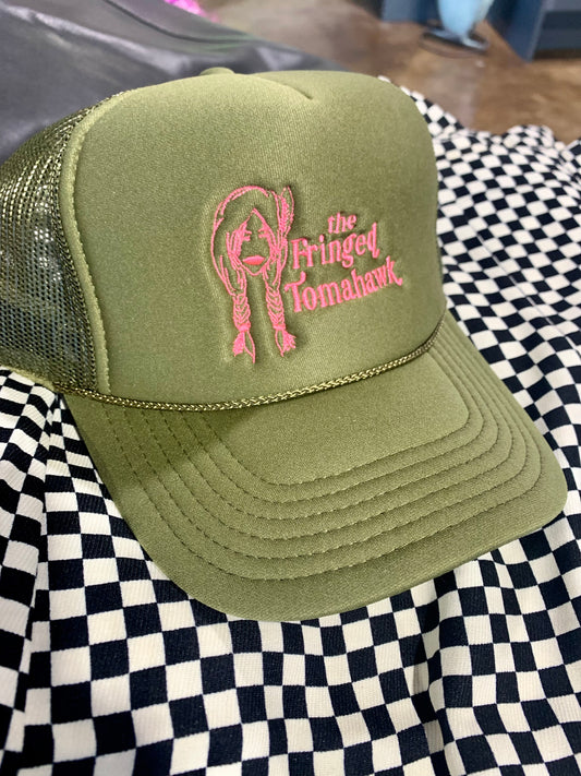 Olive and Pink Fringed Tomahawk Trucker