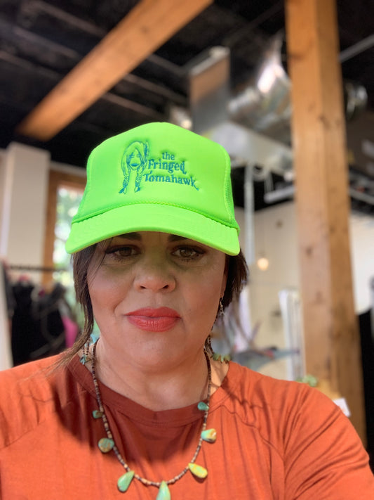 Lime and turquoise Fringed Tomahawk Trucker